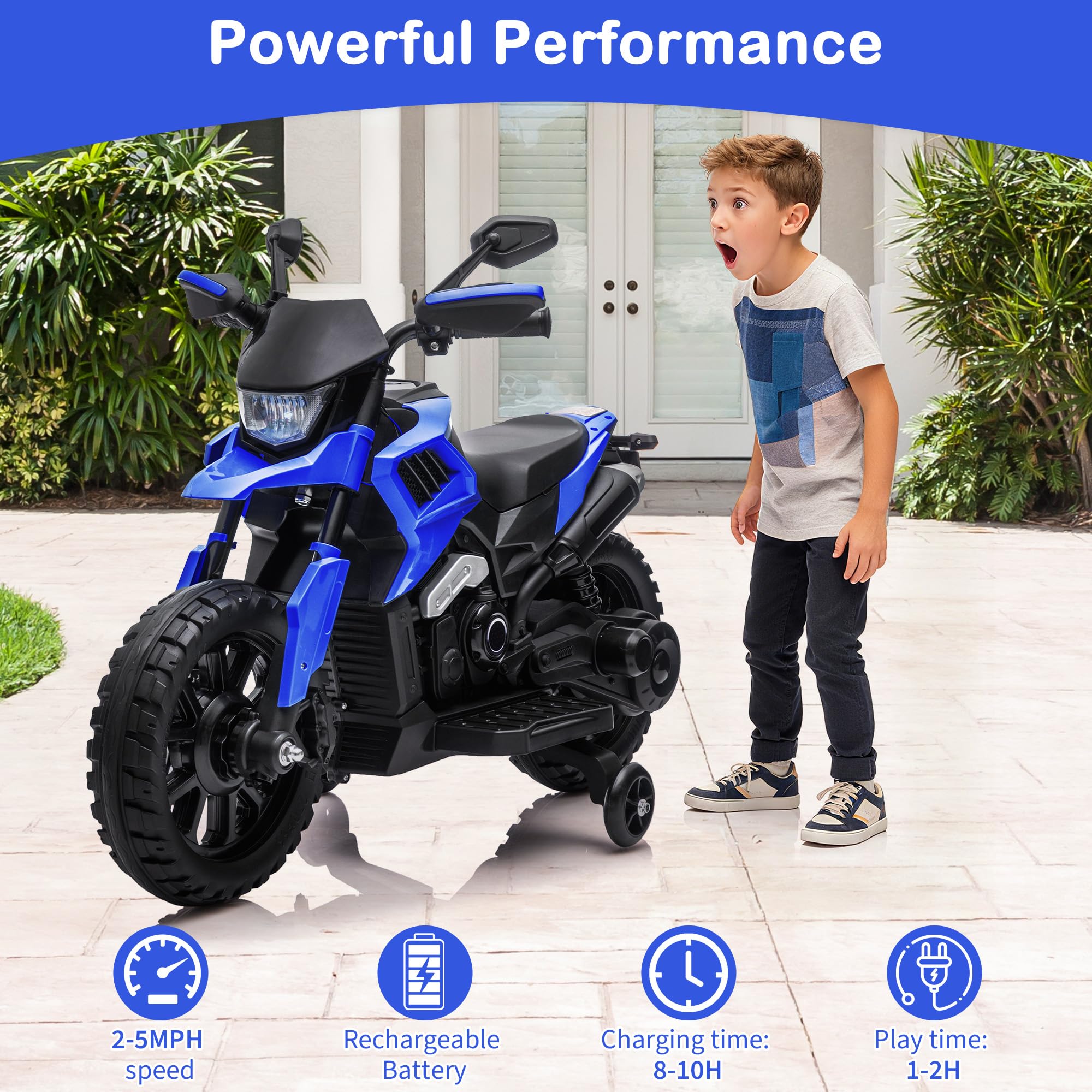 Garvee 6V Kids Electric Motorcycle with Training Wheels, Adjustable Speed 2-5 MPH, Durable Battery-Powered Ride-On Bike, Headlight & Music, Safe for Toddlers Outdoor Play