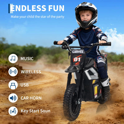 Garvee 24V Kids Electric Dirt Bike 350W Motor 10MPH Speed Rear Suspension Rubber Tires Black Backyard Adventure