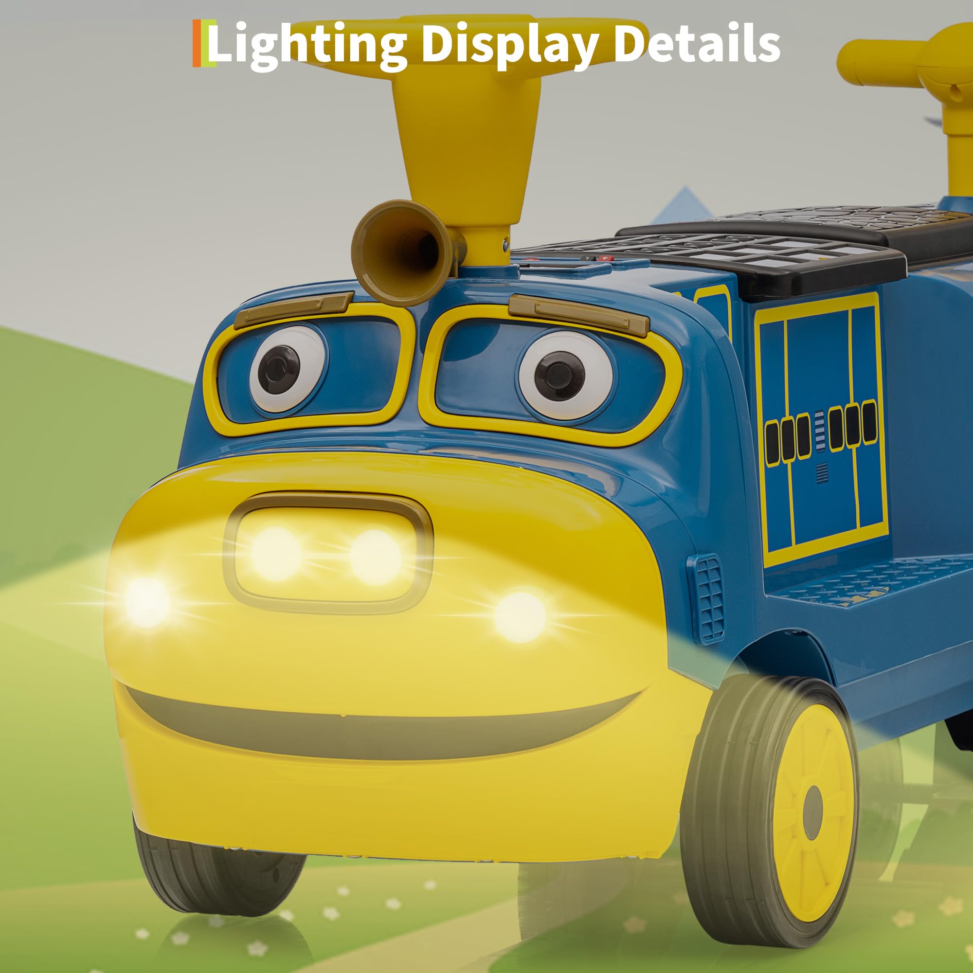 Garvee 12V Kids Ride On Train Trackless 2-Seater Dual Motor Rubber Wheels Light Music Blue Outdoor Fun
