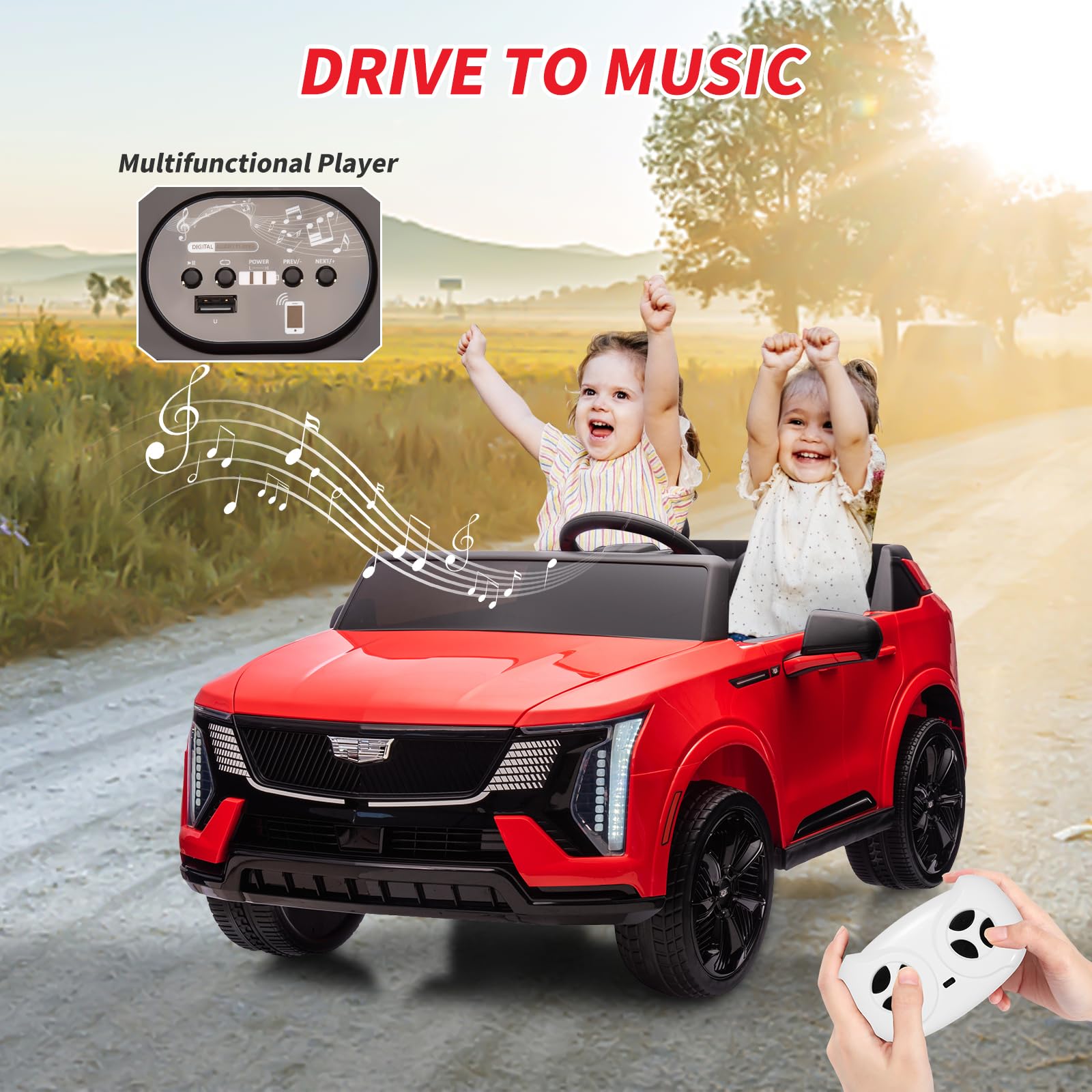 Garvee 2 Seater Ride On Car Kids 24V Electric Cadillac Battery Powered 2.4G Remote Control Full-Wheel Suspension LED Lights Music Red Outdoor Fun