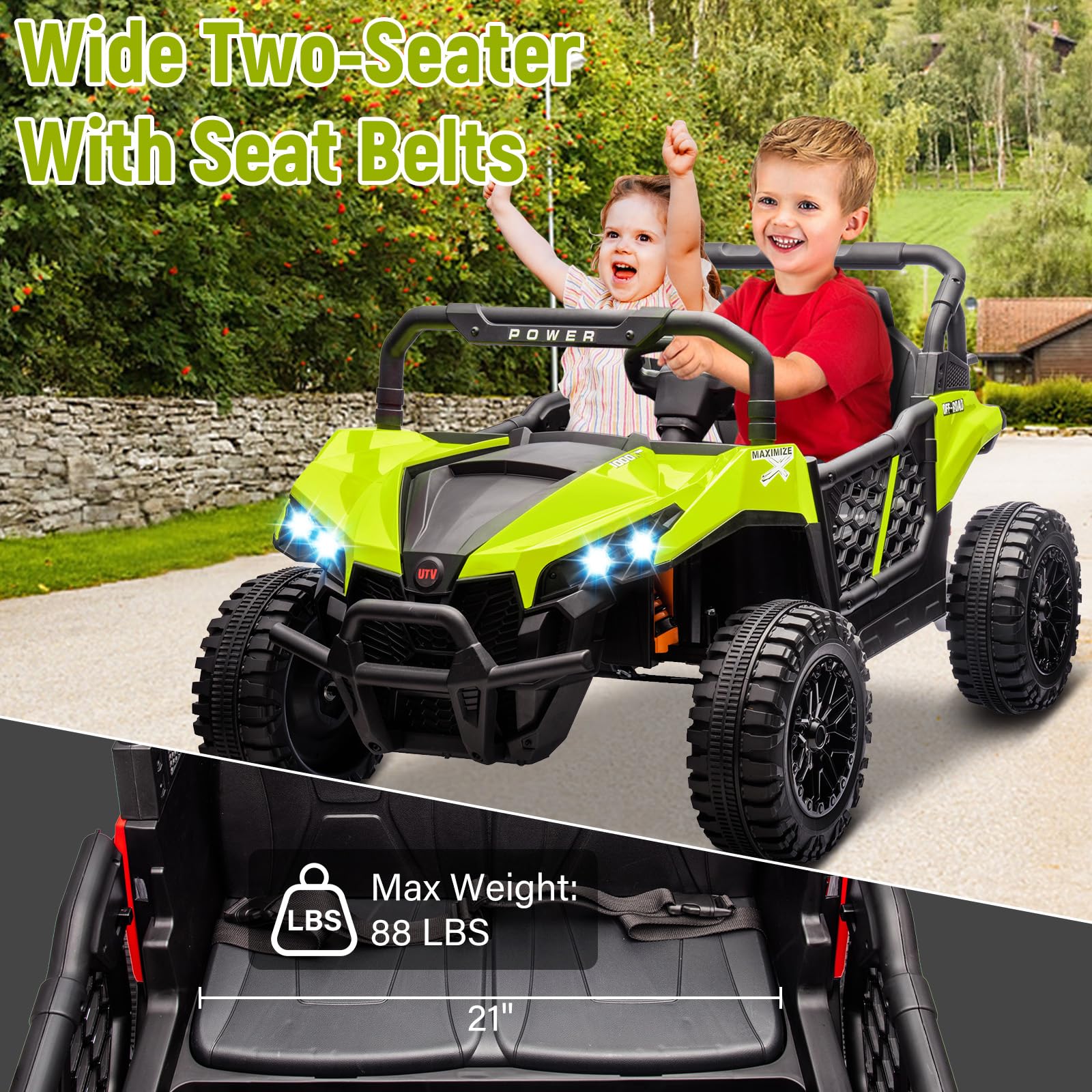 Garvee 24V Ride On Car Electric Off-Road UTV Truck with Remote Control, Lockable Doors, Safety Belt, PP+Metal, LED Lights, Music Player, Blue, Kids Outdoor Fun - Blue