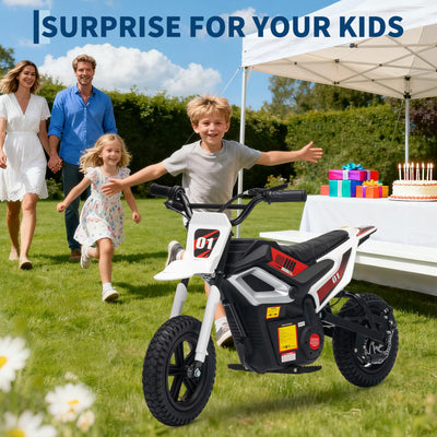 Garvee Kids 24V 350W Electric Dirt Bike with Rear Suspension, Music, Leather Seat, Rubber Tires, Twist Grip Throttle, 13.7 Mph, 12 Miles Range, Outdoor Riding