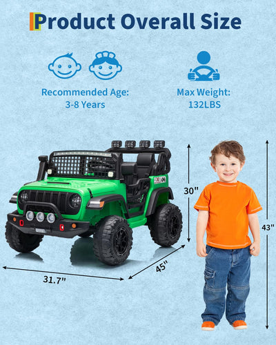 Garvee 24V Ride on Toys for Big Kids, 2-Seater Electric Ride on Car Truck with Remote Control, Four-Wheel Shock Absorbers, 4 Mph Max Speed, Music, LED Lights for Boys Girls, Green