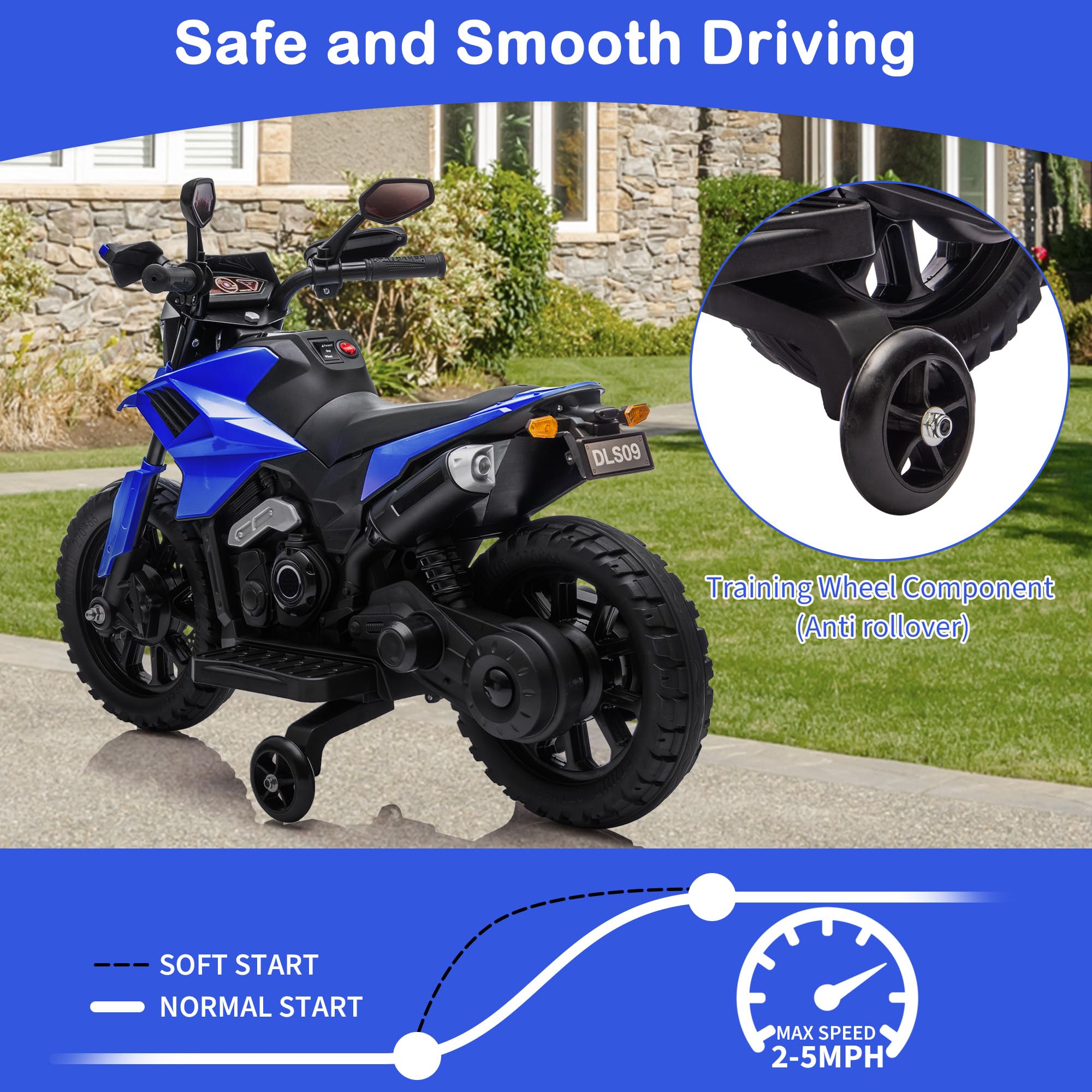 Garvee 6V Kids Electric Motorcycle with Training Wheels, Adjustable Speed 2-5 MPH, Durable Battery-Powered Ride-On Bike, Headlight & Music, Safe for Toddlers Outdoor Play
