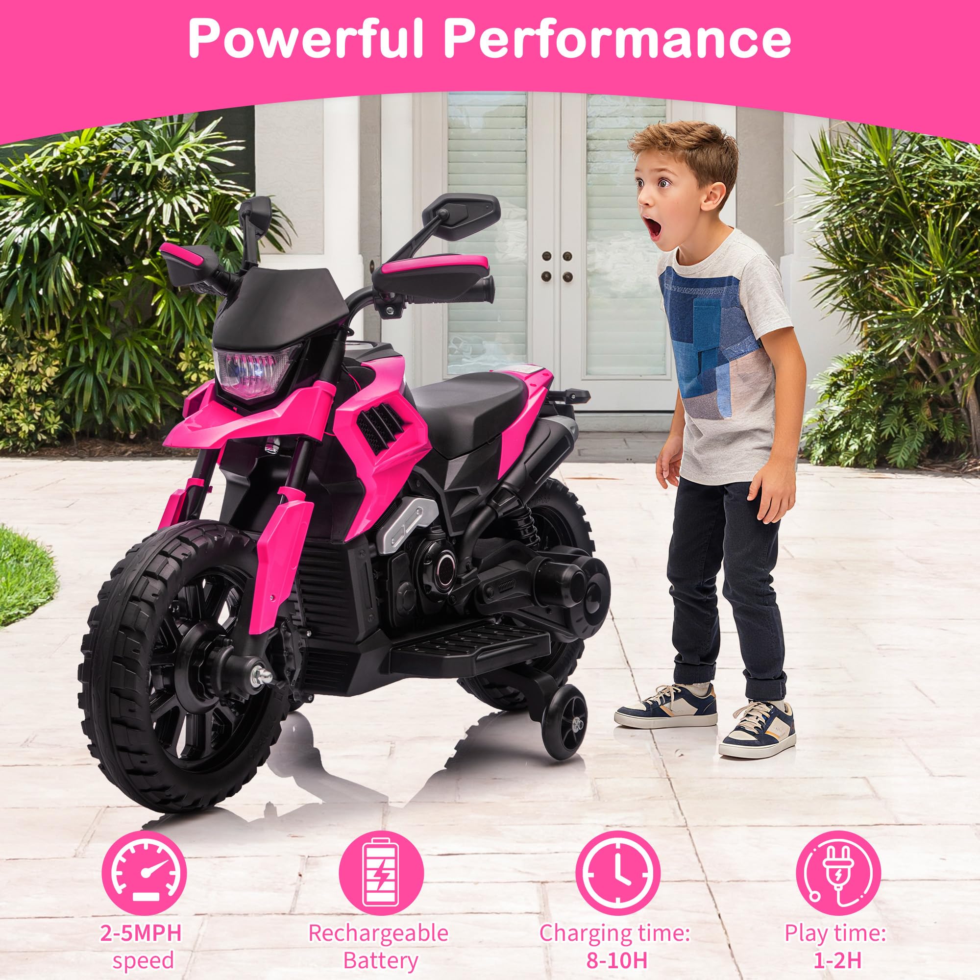 Garvee 6V Kids Electric Motorcycle with Training Wheels, Adjustable Speed 2-5 MPH, Durable Battery-Powered Ride-On Bike, Headlight & Music, Safe for Toddlers Outdoor Play