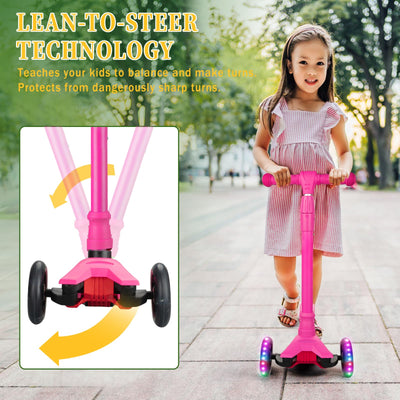 Garvee Kids 3 Wheel Kick Scooter for Boys & Girls Ages 3-10, Adjustable Handlebar, Lightweight Aluminum, Non-Slip Deck, Pink, Outdoor Play - Pink