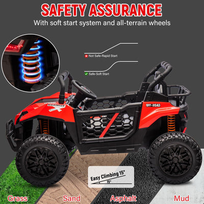 Garvee 24V Ride On Car Electric Off-Road UTV Truck with Remote Control, Lockable Doors, Safety Belt, PP+Metal, LED Lights, Music Player, Blue, Kids Outdoor Fun - Red