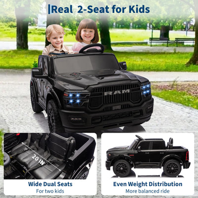 Garvee 2-Seater Electric Ride-On Truck for Kids, 24V RAM 2500 Licensed, Bluetooth, Remote Control, Suspension, LED Lights, Black, Outdoor Adventure