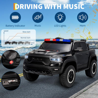 Garvee 12V Kids Ride On Police Car RAM Truck with Remote Control, 3 Speeds, Spring Suspension, LED Lights, Safety Lock, Pickup Truck for Toddlers