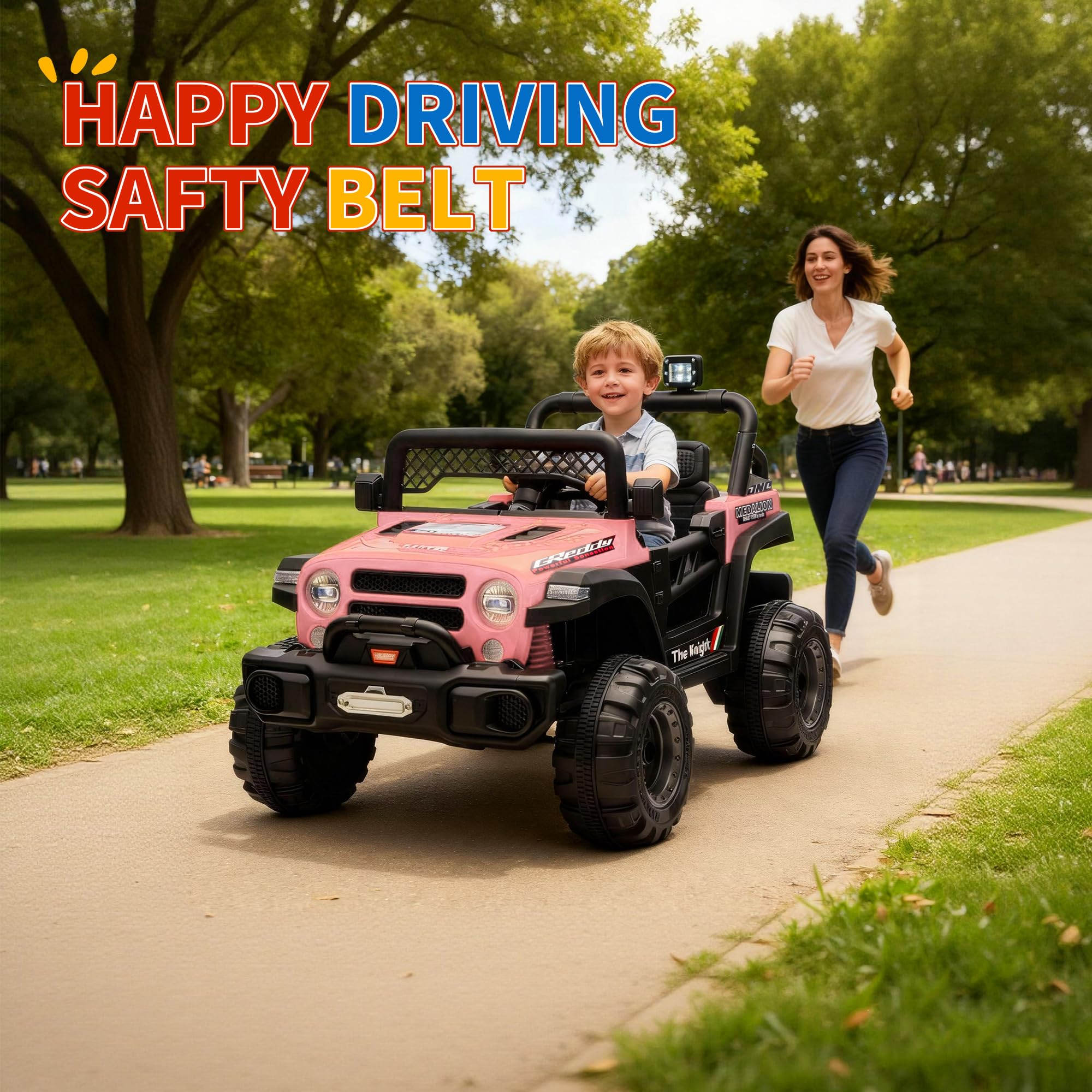 Garvee 12V Kids Electric Ride-On Truck Car – 2x550W Motors, Remote Control, 3 Speeds, Spring Suspension, LED Lights, Music, Safety Belt – Battery Powered Vehicle for Children Ages 2-8, Pink