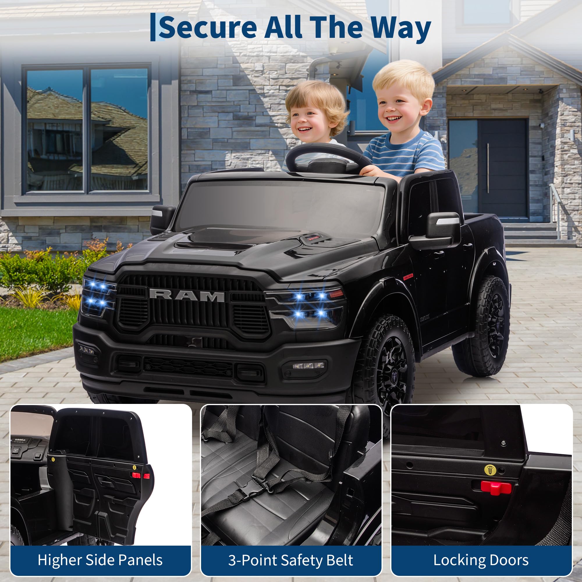 Garvee 2-Seater Electric Ride-On Truck for Kids, 24V RAM 2500 Licensed, Bluetooth, Remote Control, Suspension, LED Lights, Black, Outdoor Adventure