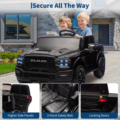 Garvee 2-Seater Electric Ride-On Truck for Kids, 24V RAM 2500 Licensed, Bluetooth, Remote Control, Suspension, LED Lights, Black, Outdoor Adventure