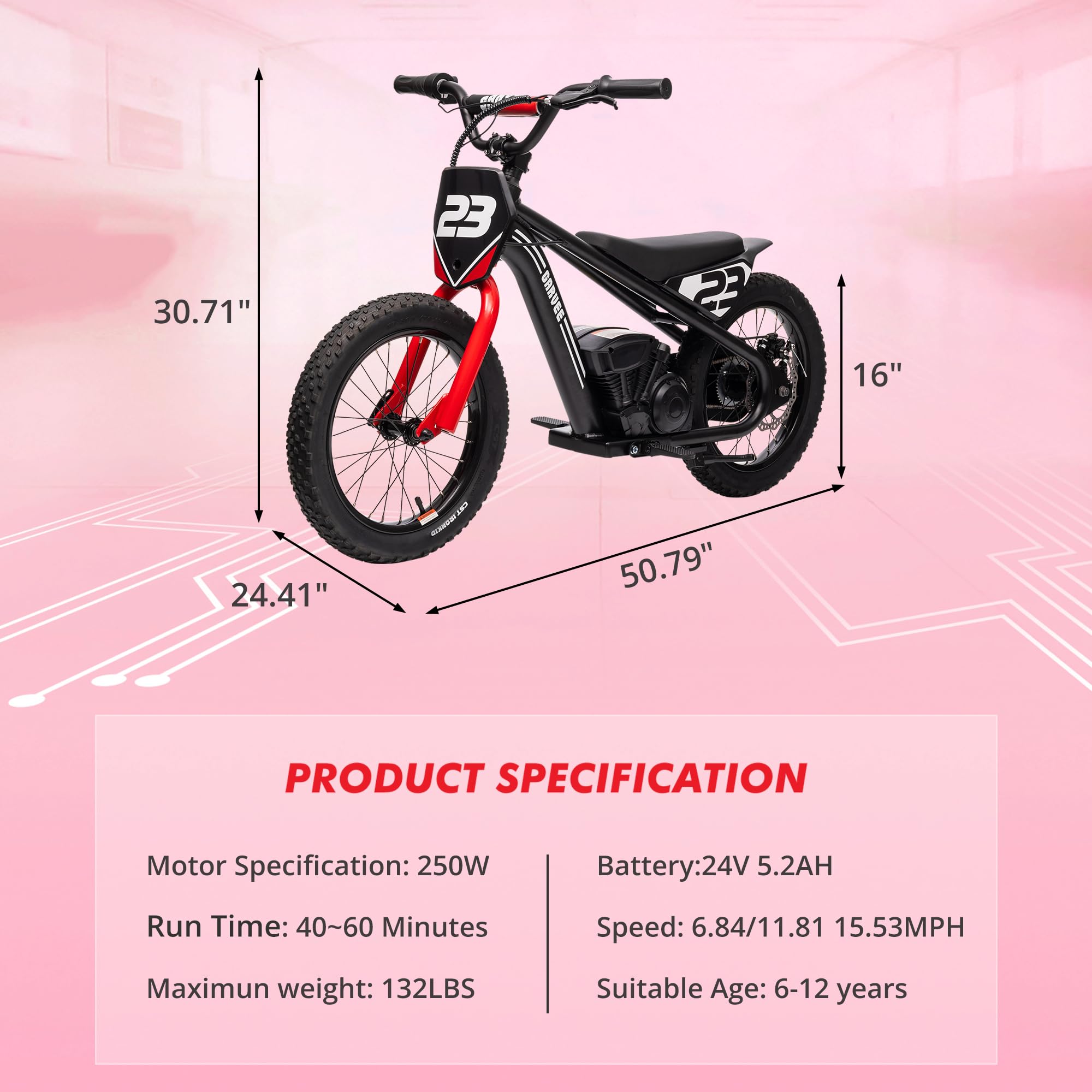 Garvee Ride - G Series: 360W Motor 16IN Tires Adjustable Speeds Detachable Battery Aluminum Frame Safety Brakes Black for Outdoor Trails