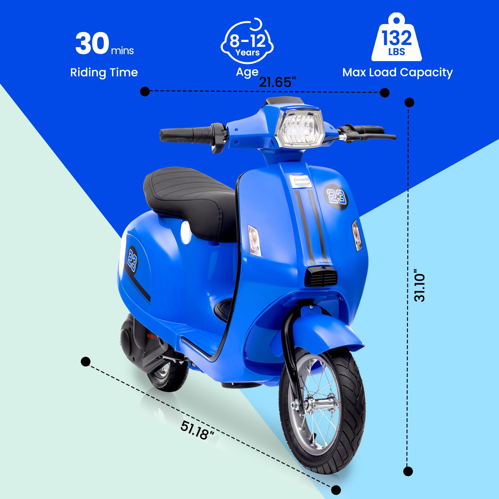Garvee Ride - G Series: 24V 350W 14MPH Speed Rear Brake Twist Grip Throttle LED Light Blue Durable Pneumatic Tires Outdoor Riding