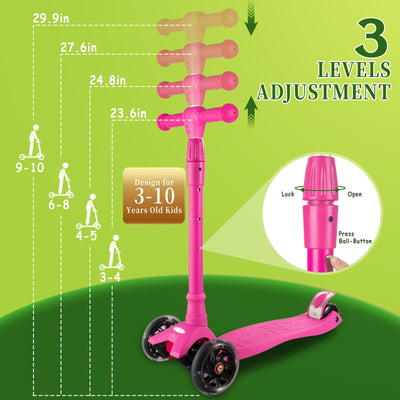 Garvee Kids 3 Wheel Kick Scooter for Boys & Girls Ages 3-10, Adjustable Handlebar, Lightweight Aluminum, Non-Slip Deck, Pink, Outdoor Play - Pink