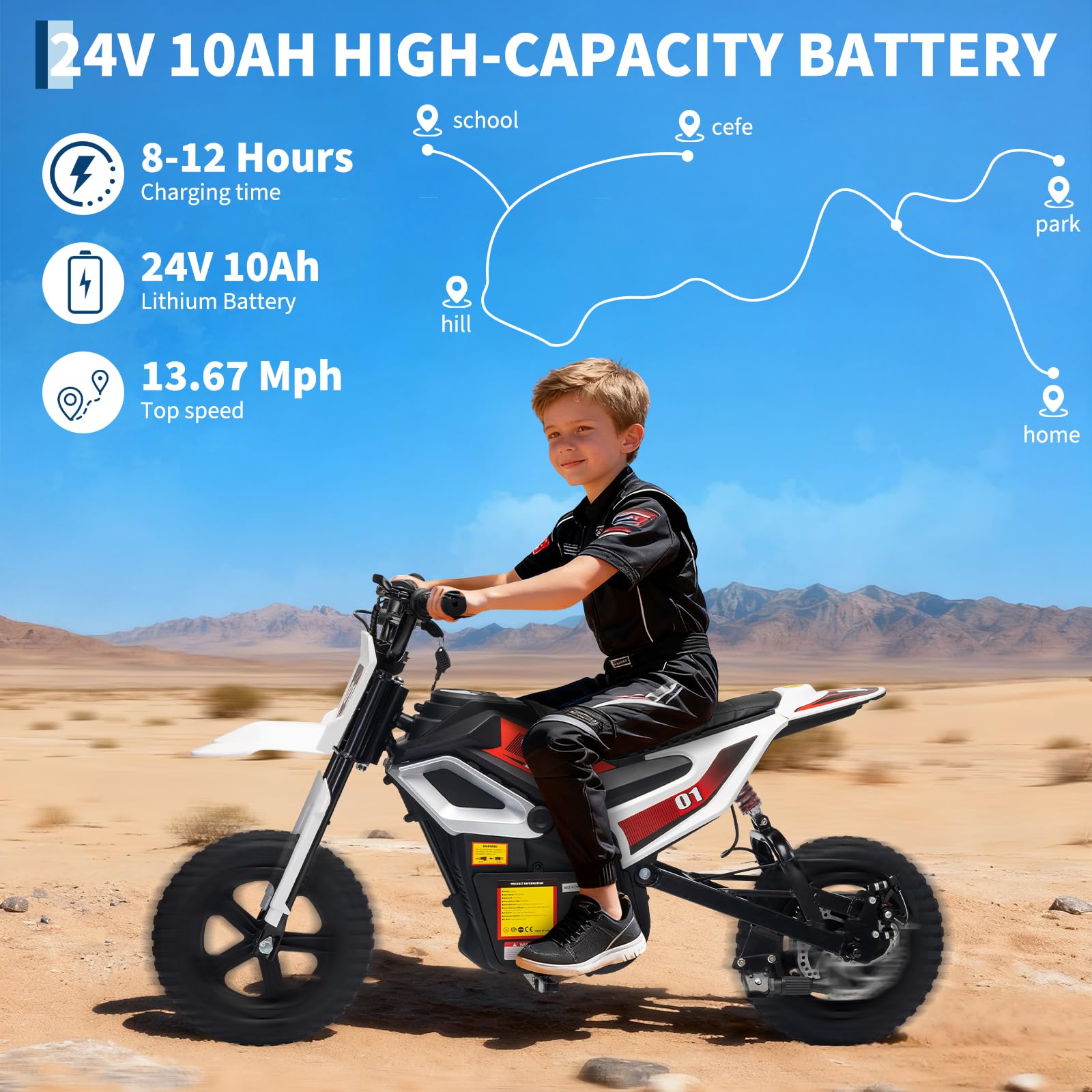 Garvee Kids 24V 350W Electric Dirt Bike with Rear Suspension, Music, Leather Seat, Rubber Tires, Twist Grip Throttle, 13.7 Mph, 12 Miles Range, Outdoor Riding