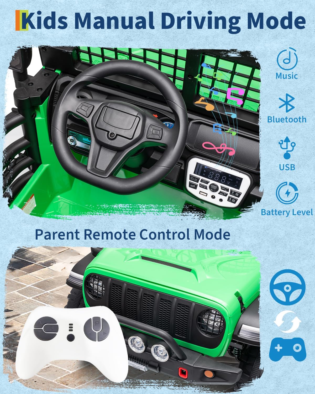 Garvee 24V Ride on Toys for Big Kids, 2-Seater Electric Ride on Car Truck with Remote Control, Four-Wheel Shock Absorbers, 4 Mph Max Speed, Music, LED Lights for Boys Girls, Green