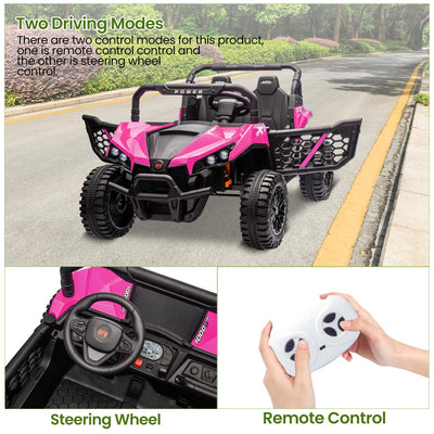 Garvee 24V Ride On Car Electric Off-Road UTV Truck with Remote Control, Lockable Doors, Safety Belt, PP+Metal, LED Lights, Music Player, Blue, Kids Outdoor Fun - Rose