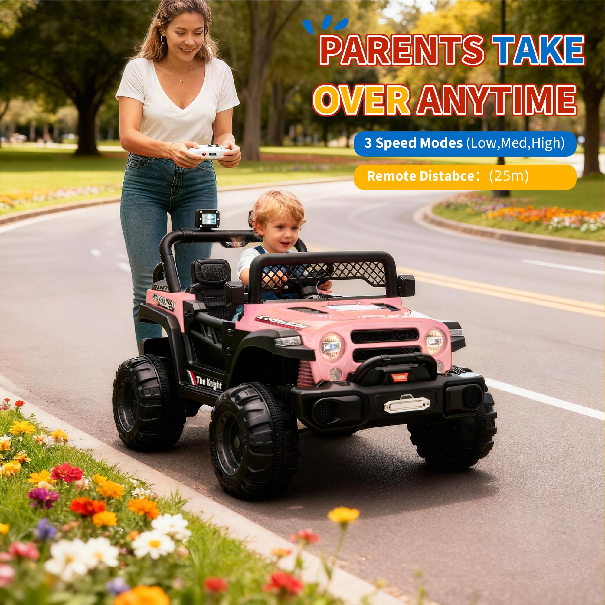Garvee 12V Kids Electric Ride-On Truck Car – 2x550W Motors, Remote Control, 3 Speeds, Spring Suspension, LED Lights, Music, Safety Belt – Battery Powered Vehicle for Children Ages 2-8, Pink