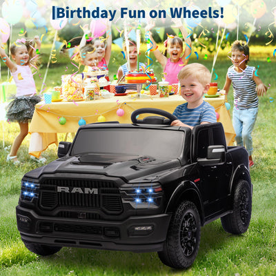 Garvee 2-Seater Electric Ride-On Truck for Kids, 24V RAM 2500 Licensed, Bluetooth, Remote Control, Suspension, LED Lights, Black, Outdoor Adventure