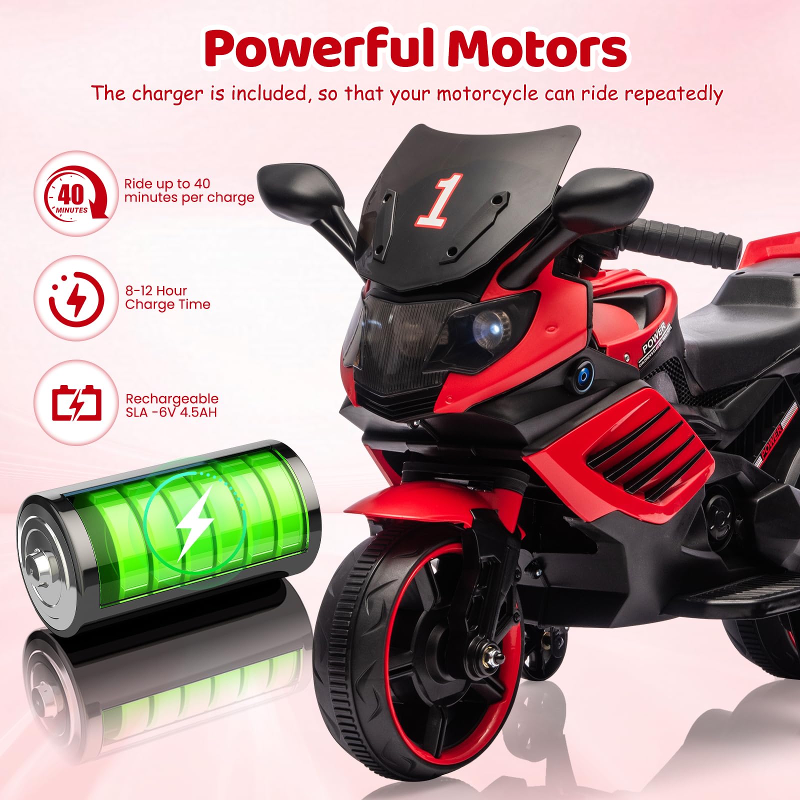 Garvee 6V Kids Electric Motorcycle Toy with Training Wheels, Headlight & Music, Durable EVA Tires, Battery Powered, for Toddlers Ages 3-6, Outdoor Play