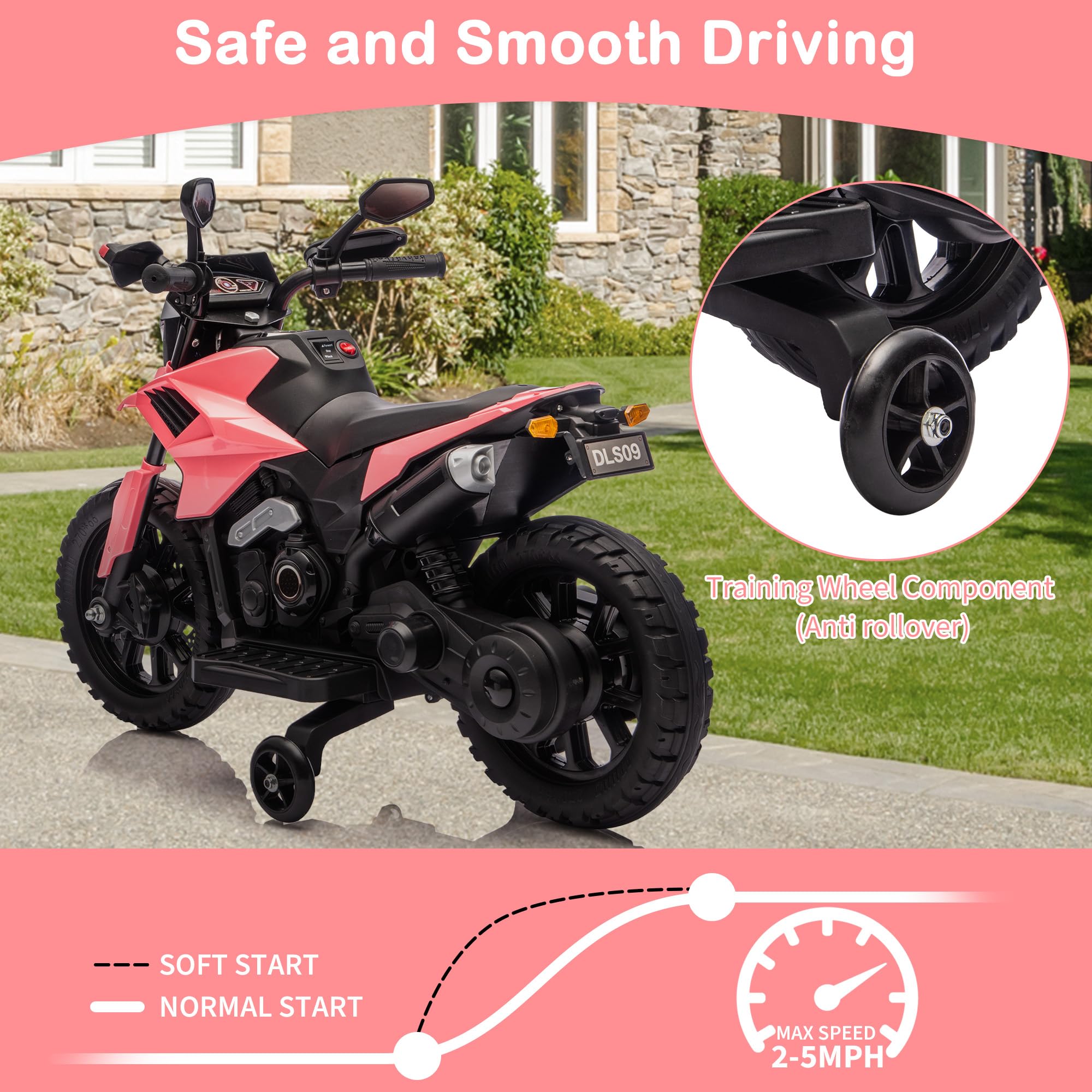 Garvee 6V Kids Electric Motorcycle with Training Wheels, Adjustable Speed 2-5 MPH, Durable Battery-Powered Ride-On Bike, Headlight & Music, Safe for Toddlers Outdoor Play