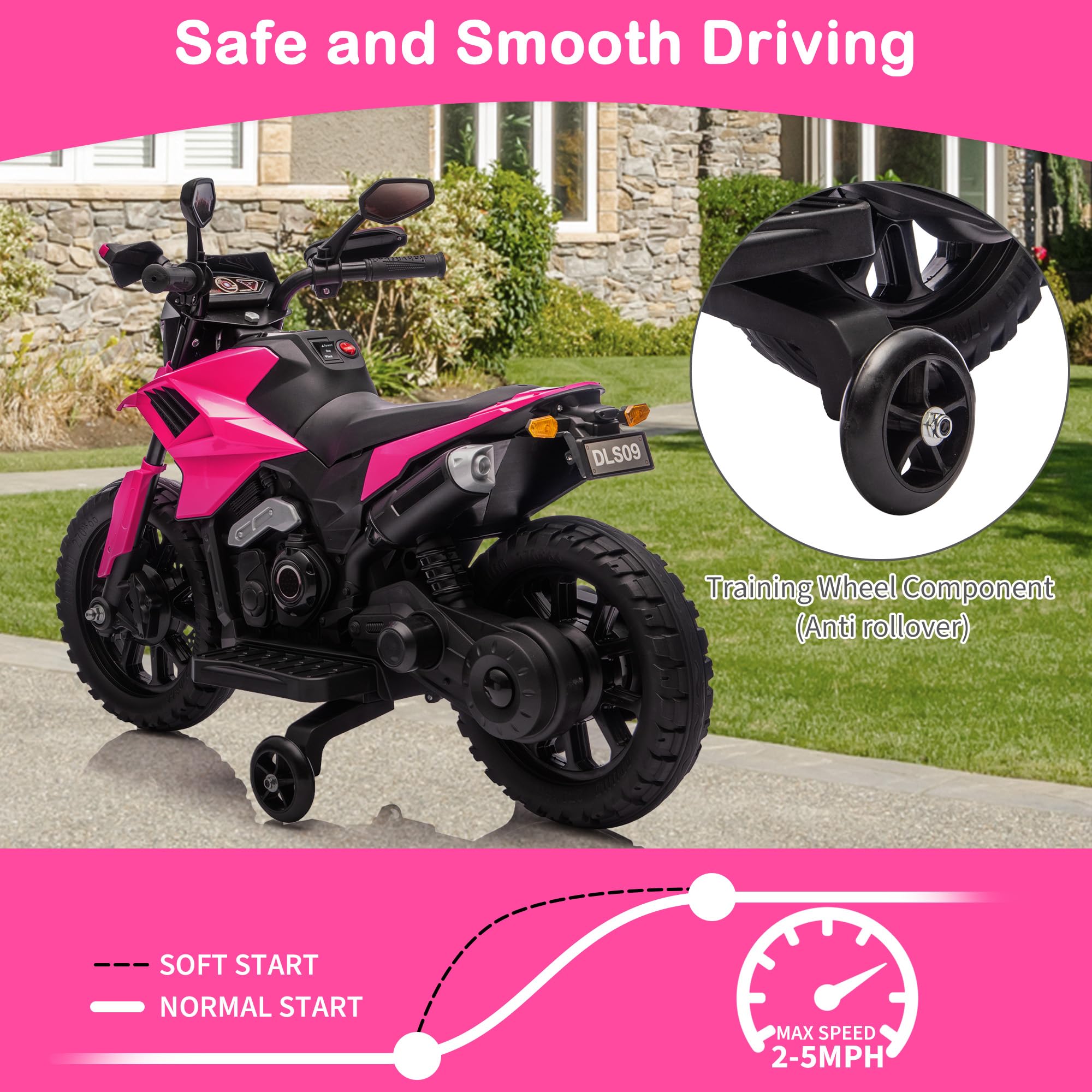 Garvee 6V Kids Electric Motorcycle with Training Wheels, Adjustable Speed 2-5 MPH, Durable Battery-Powered Ride-On Bike, Headlight & Music, Safe for Toddlers Outdoor Play