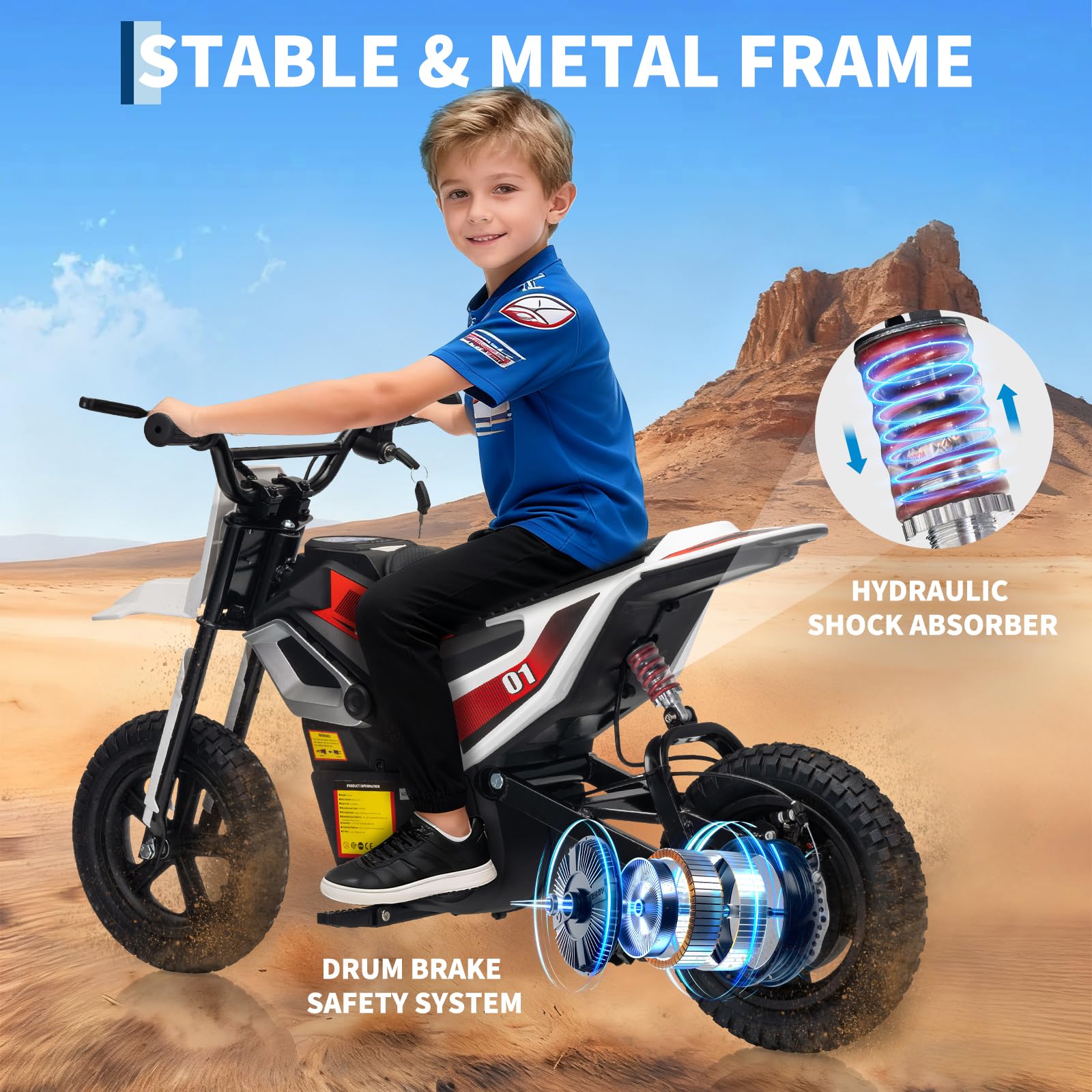 Garvee Kids 24V 350W Electric Dirt Bike with Rear Suspension, Music, Leather Seat, Rubber Tires, Twist Grip Throttle, 13.7 Mph, 12 Miles Range, Outdoor Riding