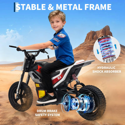 Garvee Kids 24V 350W Electric Dirt Bike with Rear Suspension, Music, Leather Seat, Rubber Tires, Twist Grip Throttle, 13.7 Mph, 12 Miles Range, Outdoor Riding