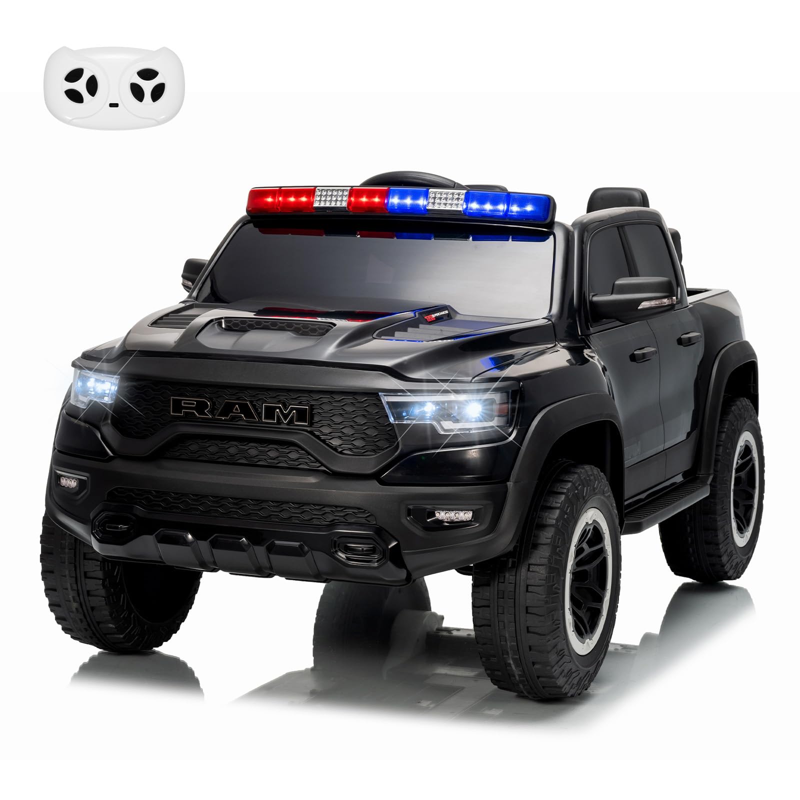 Garvee 12V Kids Ride On Police Car RAM Truck with Remote Control, 3 Speeds, Spring Suspension, LED Lights, Safety Lock, Pickup Truck for Toddlers