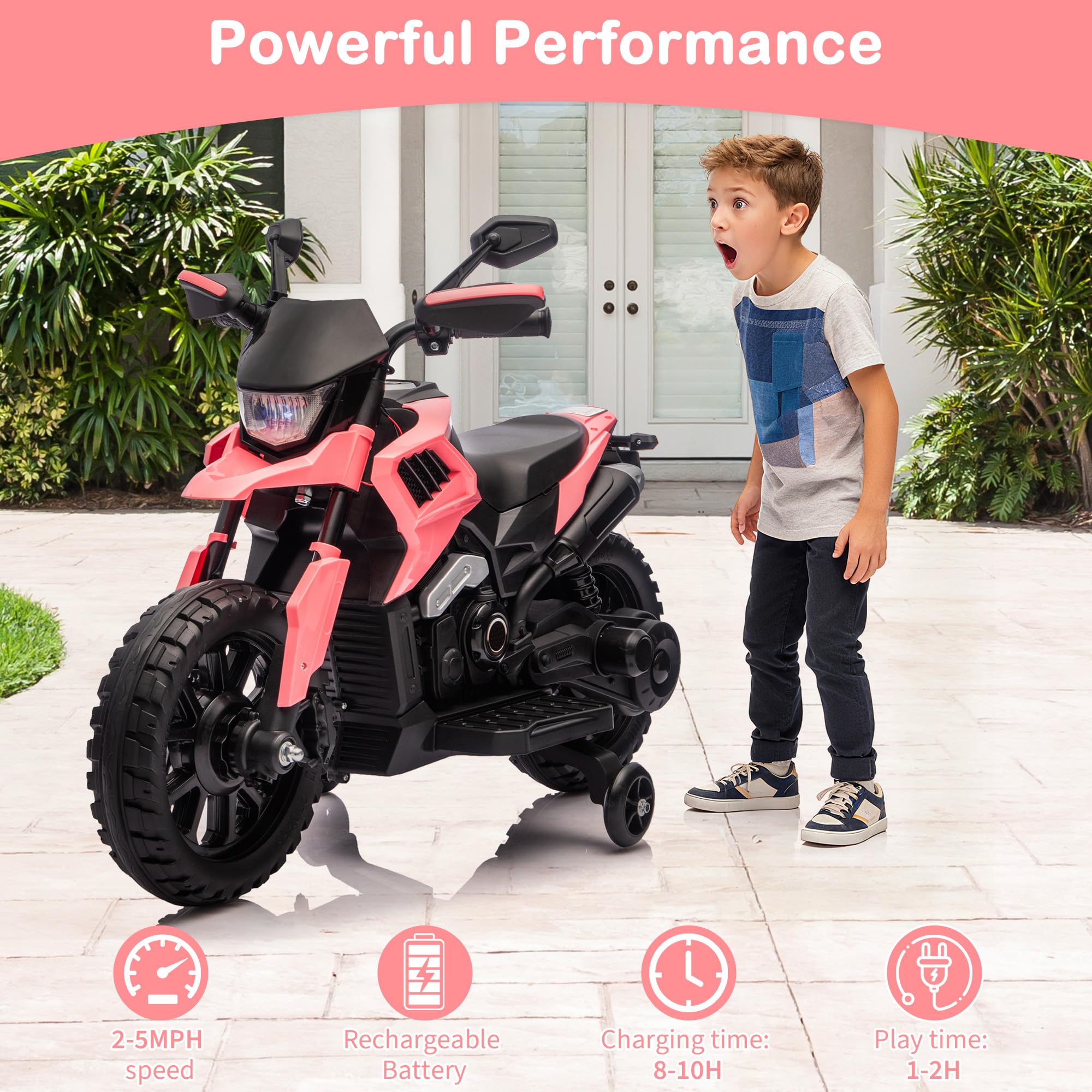 Garvee 6V Kids Electric Motorcycle with Training Wheels, Adjustable Speed 2-5 MPH, Durable Battery-Powered Ride-On Bike, Headlight & Music, Safe for Toddlers Outdoor Play