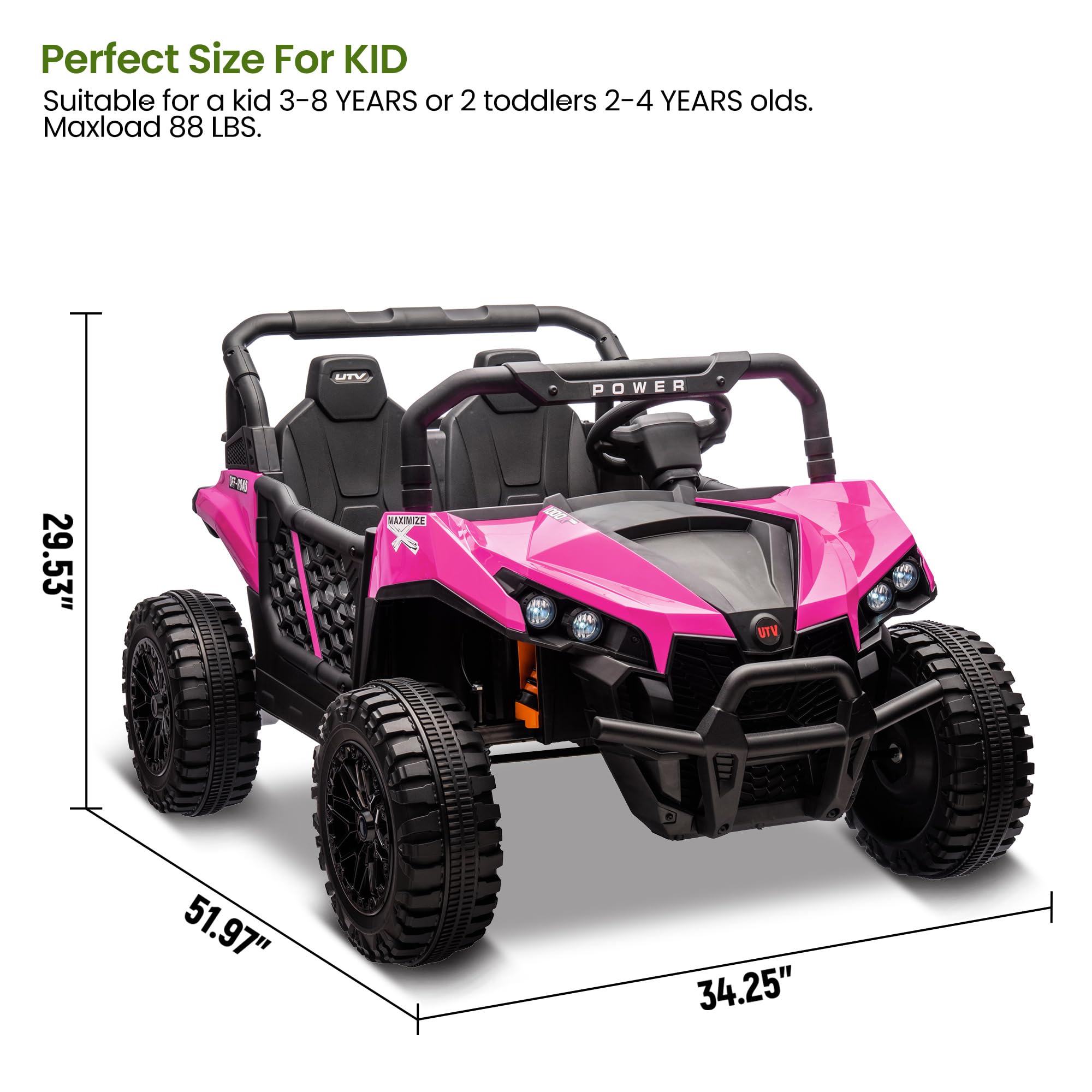 Garvee 24V Ride On Car Electric Off-Road UTV Truck with Remote Control, Lockable Doors, Safety Belt, PP+Metal, LED Lights, Music Player, Blue, Kids Outdoor Fun - Rose