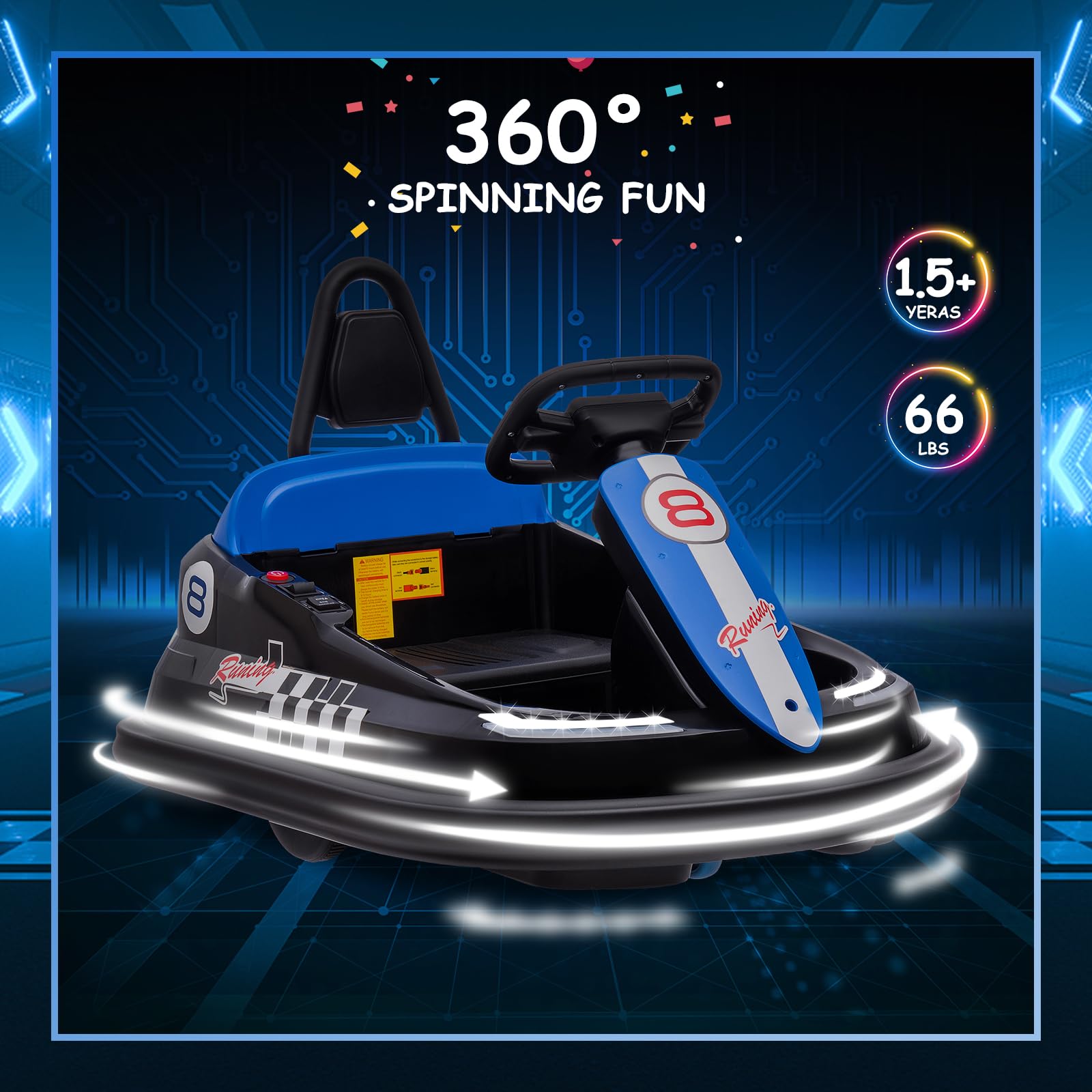 Garvee Ride - B Series: 6V Electric Ride-On with 360° Spin, 2 Speeds, Lights, Music, Horn, PP+Metal, Safety Belts, Anti-Collision Strip, Black for Kids 3-6