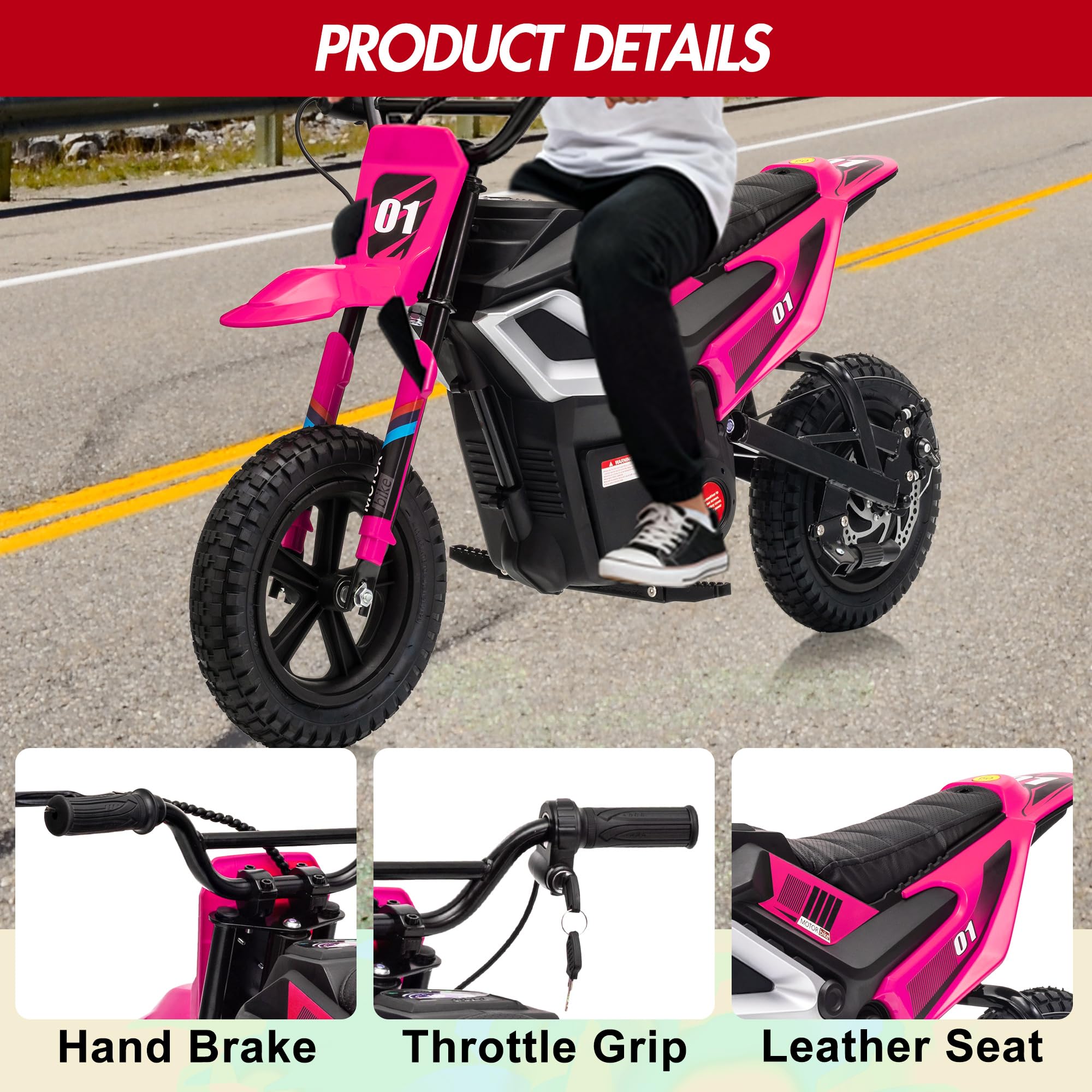 Garvee 24V Electric Kids Dirt Bike 350W Motor Rear Suspension Leather Seat Bluetooth Music Black Blue Green Red Rose Ages 10+ Outdoor Fun