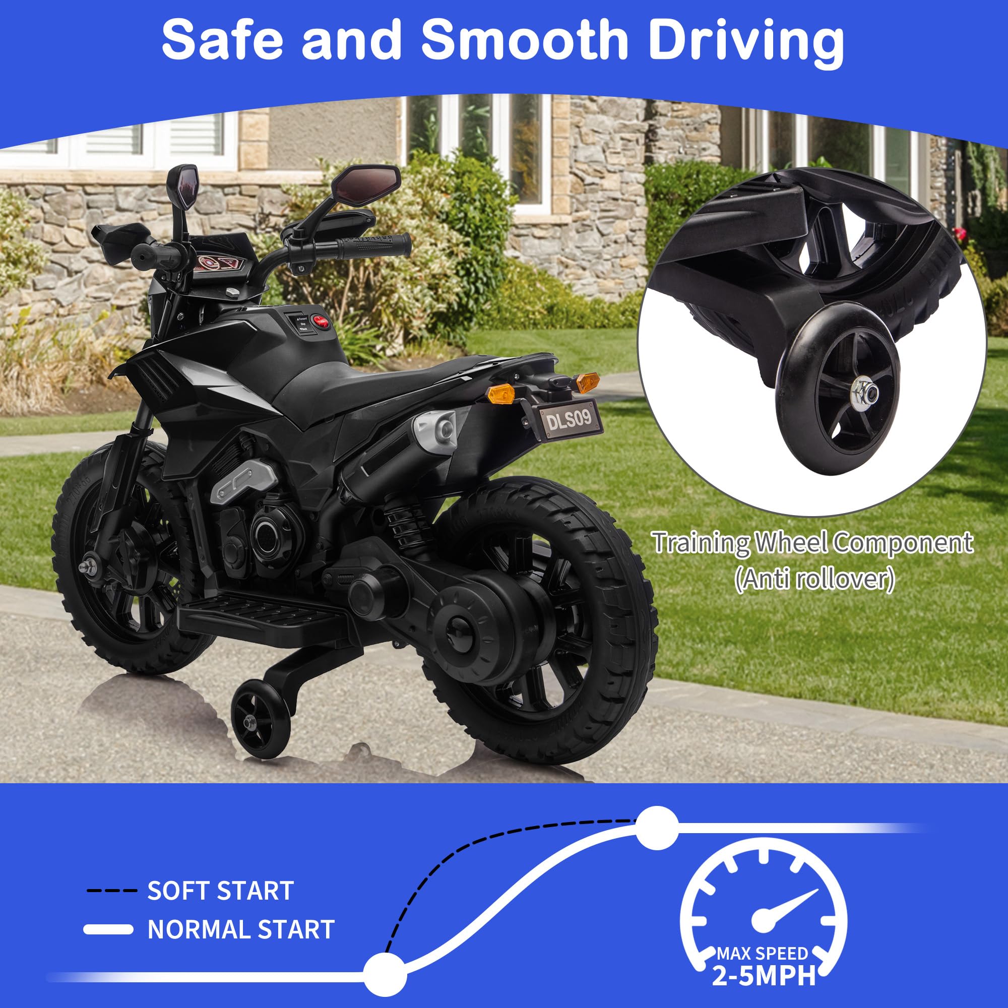 Garvee 6V Kids Electric Motorcycle with Training Wheels, Adjustable Speed 2-5 MPH, Durable Battery-Powered Ride-On Bike, Headlight & Music, Safe for Toddlers Outdoor Play