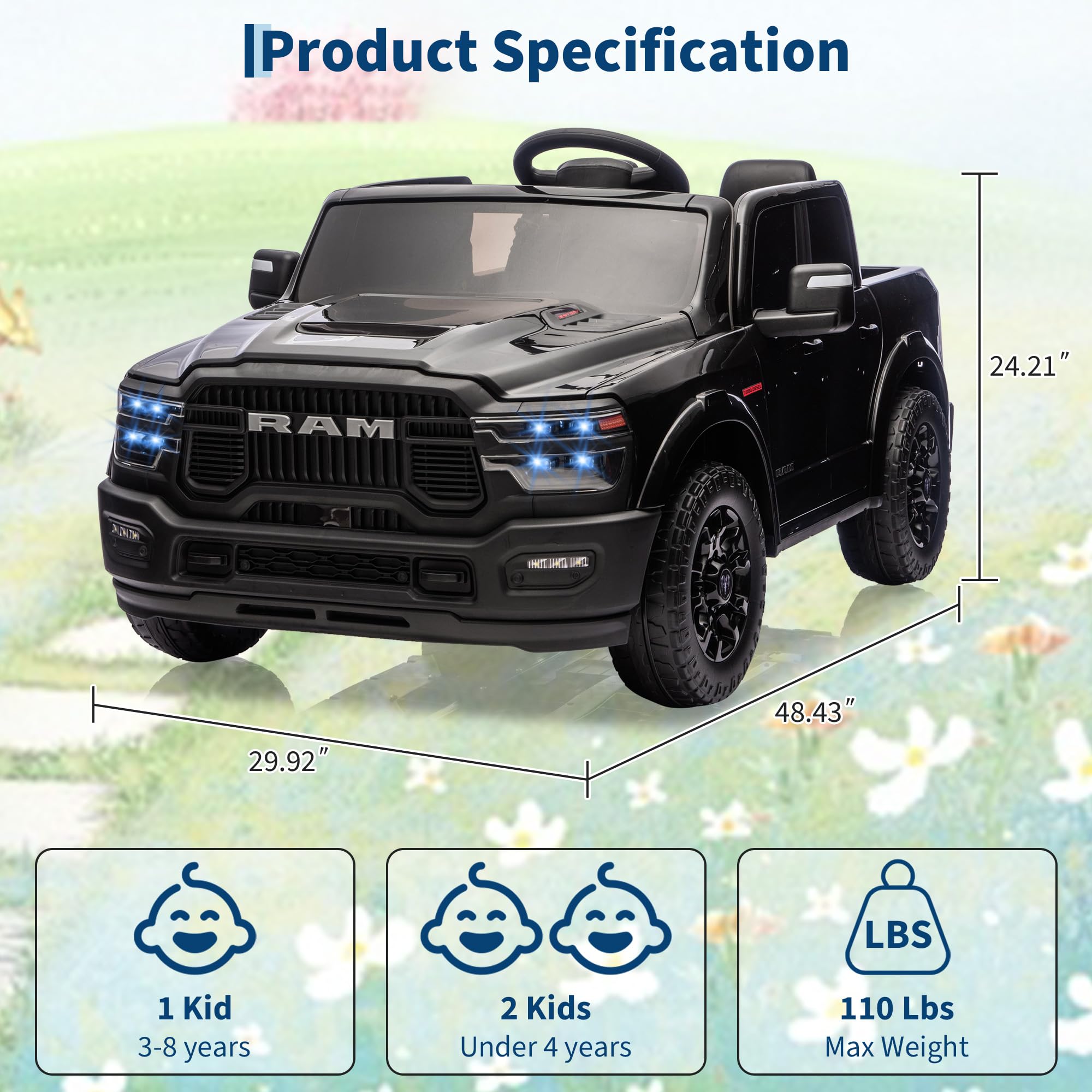 Garvee 2-Seater Electric Ride-On Truck for Kids, 24V RAM 2500 Licensed, Bluetooth, Remote Control, Suspension, LED Lights, Black, Outdoor Adventure