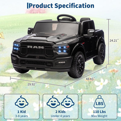 Garvee 2-Seater Electric Ride-On Truck for Kids, 24V RAM 2500 Licensed, Bluetooth, Remote Control, Suspension, LED Lights, Black, Outdoor Adventure