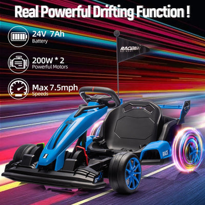 Garvee Ride - G Series: 24V Kids Ride on Go Kart, 7.5mph Variable High Speed Drifting Car, 7ah Battery 200W*2 Motors ,Length Ajustable Max Load 135lbs, Power Display Racing Toy for for Kids Child 6+ ,Blue