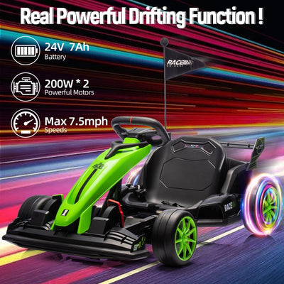 Garvee Ride - G Series: 24V Kids Ride on Go Kart, 7.5mph Variable High Speed Drifting Car, 7ah Battery 200W*2 Motors ,Length Ajustable Max Load 135lbs, Power Display Racing Toy for for Kids Child 6+ ,Green