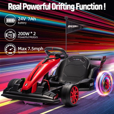 Garvee Ride - G Series: 24V Kids Ride On Go Kart Red, Adjustable Legroom, 7.5mph High Speed, 7ah Battery, 200W*2 Motors, Max Load 135lbs, Racing Toy for 6+
