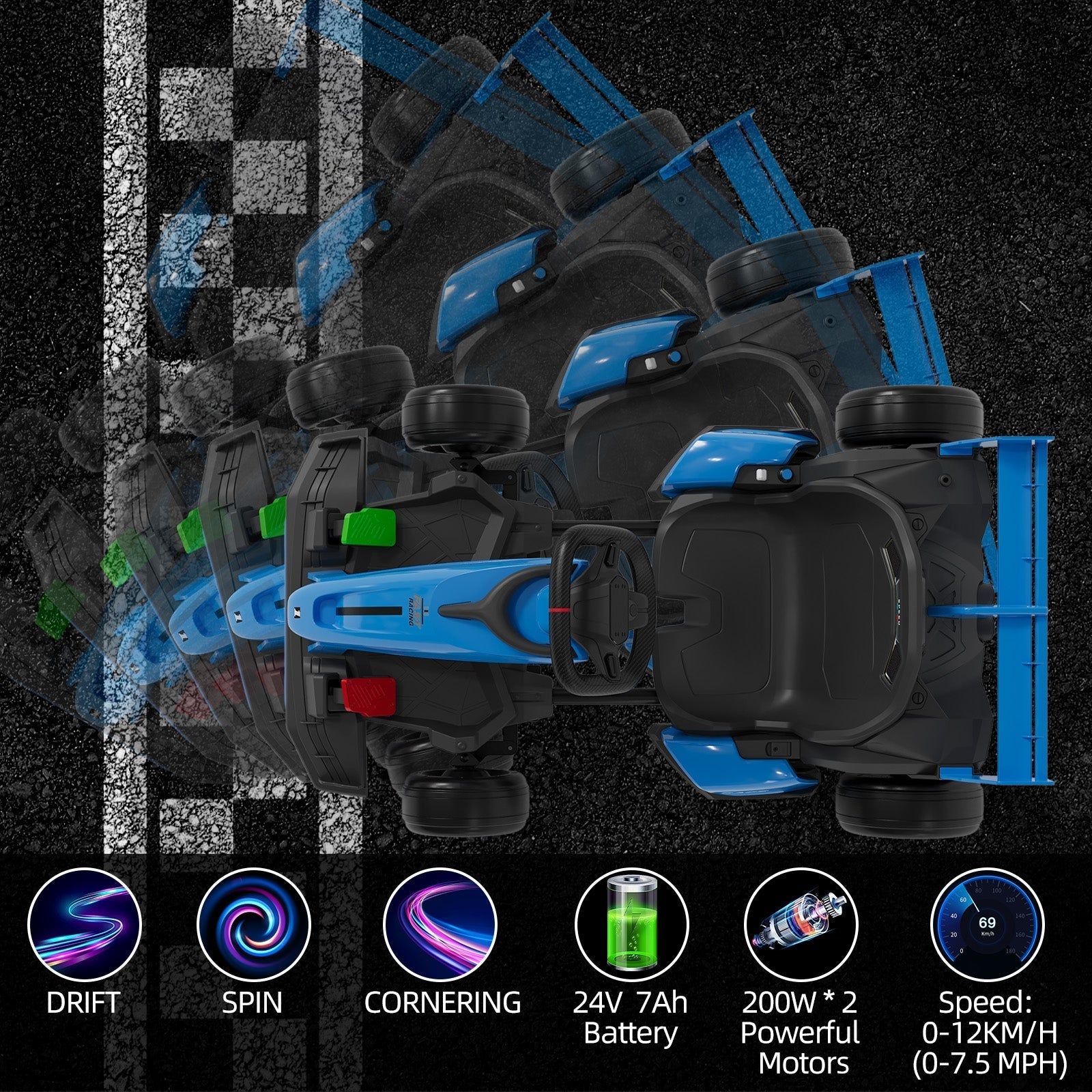 Garvee Ride - G Series: 24V Kids Ride on Go Kart, 7.5mph Variable High Speed Drifting Car, 7ah Battery 200W*2 Motors ,Length Ajustable Max Load 135lbs, Power Display Racing Toy for for Kids Child 6+ ,Blue