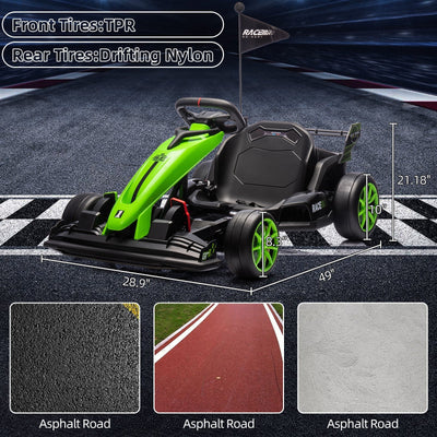 Garvee Ride - G Series: 24V Kids Ride on Go Kart, 7.5mph Variable High Speed Drifting Car, 7ah Battery 200W*2 Motors ,Length Ajustable Max Load 135lbs, Power Display Racing Toy for for Kids Child 6+ ,Green