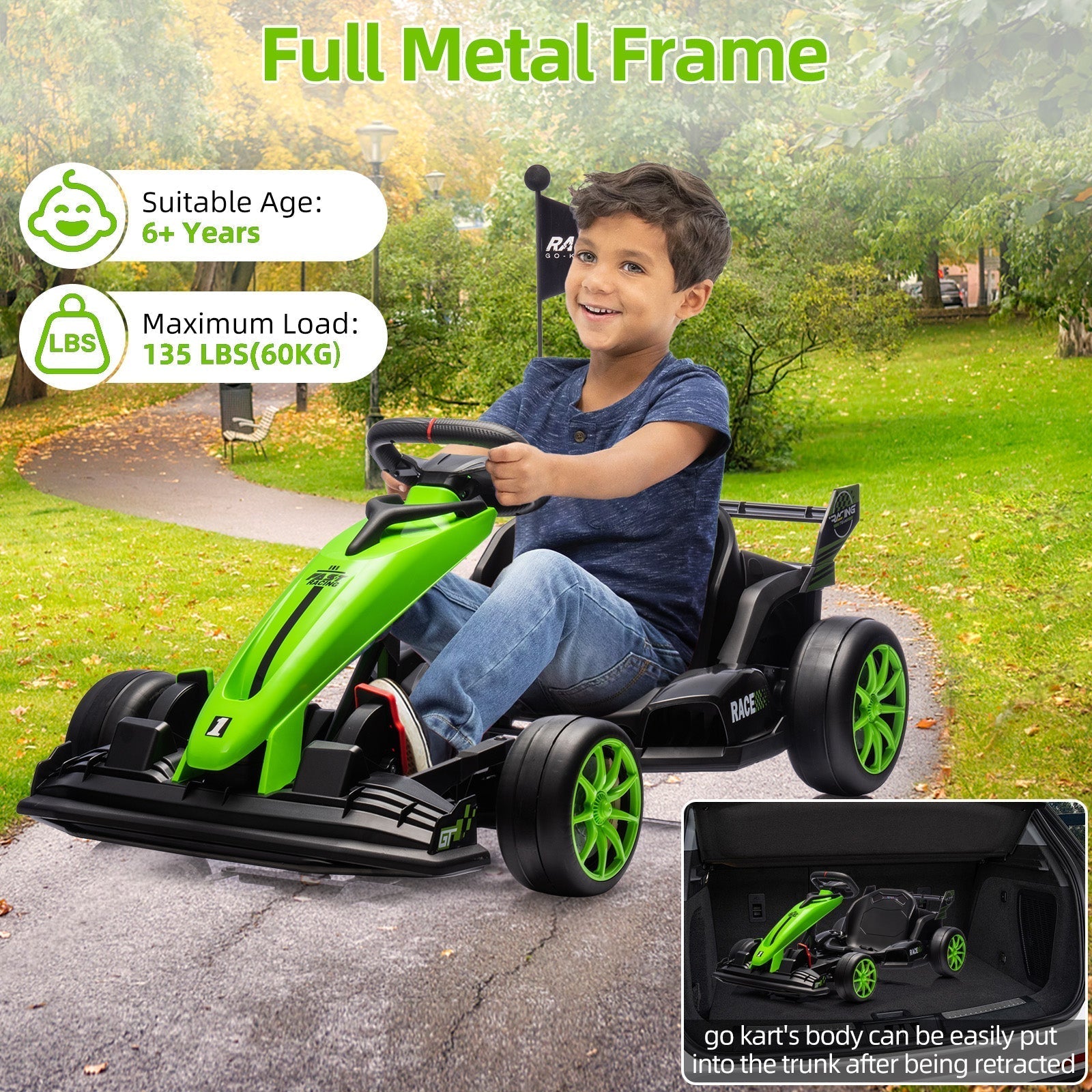Garvee Ride - G Series: 24V Kids Ride on Go Kart, 7.5mph Variable High Speed Drifting Car, 7ah Battery 200W*2 Motors ,Length Ajustable Max Load 135lbs, Power Display Racing Toy for for Kids Child 6+ ,Green