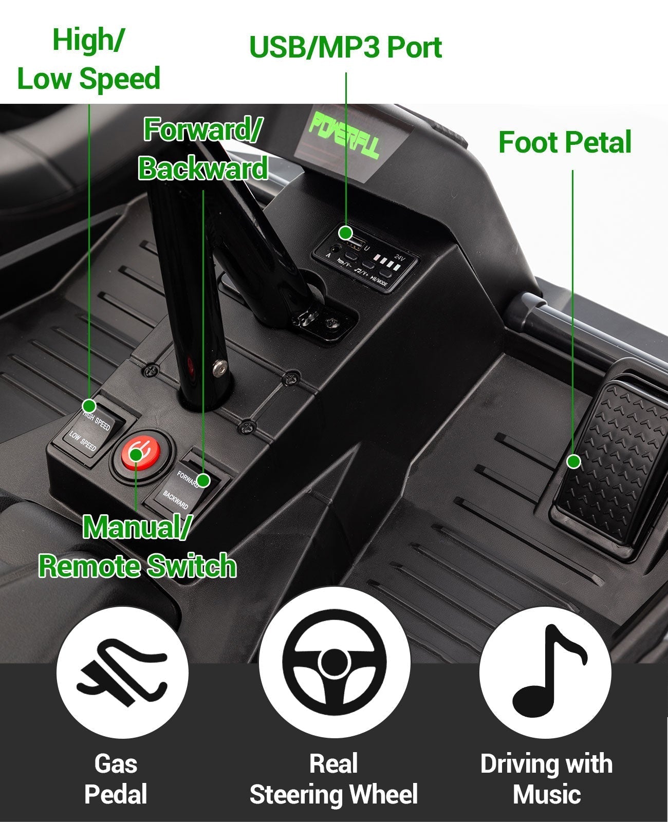 Garvee 24V Kids Electric Car with Parent Control, 200W 4x4 Ride On Toy for Big Kids, 4 Shock Absorbers, Metal Frame, 4 Wheeler ATV for Boys Girls Ages 3+, Green
