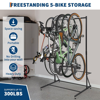 Garvee Heavy Duty Freestanding 5-Bike Rack – Solid Steel Frame, 300 lb Total Capacity, Indoor/Outdoor Bike Storage Stand