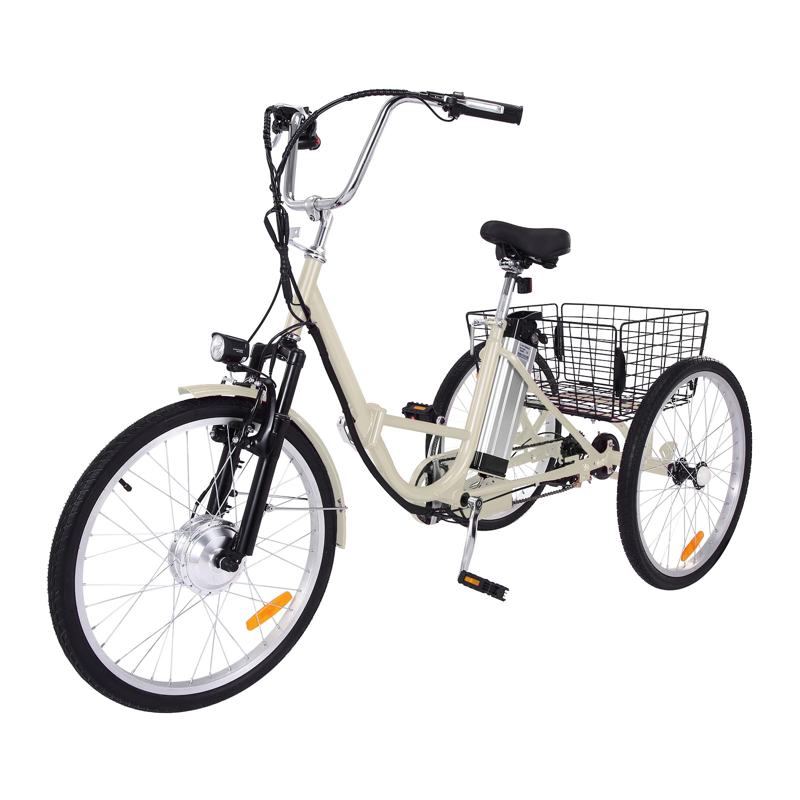Garvee 26 Inch Adult 3 Wheel Electric Tricycle with Basket, Fat Tires,7 Speeds,350W Powerful Motor, 36V 10Ah Removable Battery - Beige
