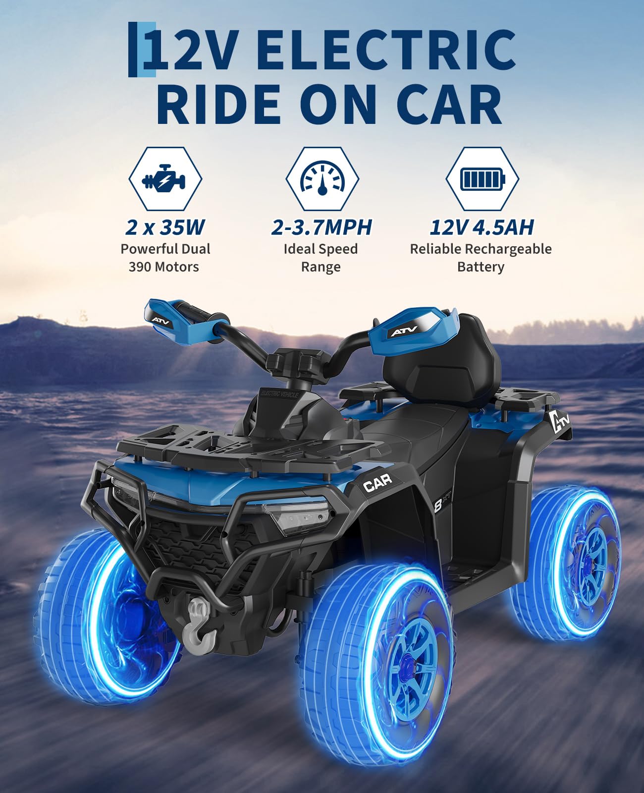 Garvee 12V Kids Electric ATV Ride-On Car – Dual Motors – Parent Remote Control – LED Lights, wireless, Music, USB, Spring Suspension – Outdoor Off-Road Four Wheeler for Boys & Girls Ages 3-8 – Royal Blue