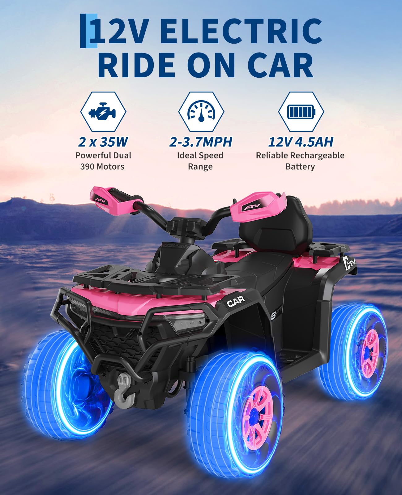 Garvee 12V Kids Electric ATV Ride-On Car – Dual Motors – Remote Control – LED Lights, wireless, Music, USB, Spring Suspension – Outdoor Off-Road Quad Toy for Boys & Girls – Dark Pink