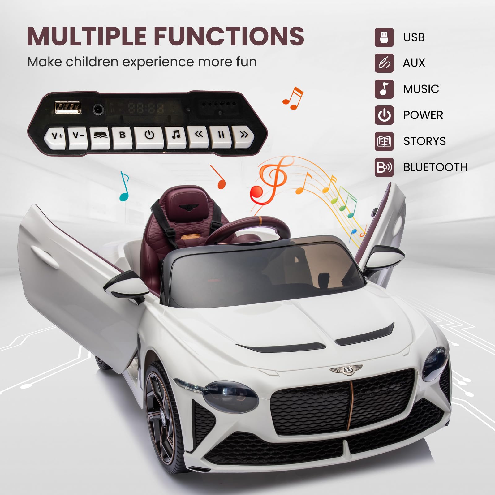 Garvee Kids Ride On Car, Licensed Bentley Bacalar 12V Electric Vehicles w/Parent Remote Control, Scissor Door, Suspension, 3 Speeds, LED Lights, Horn, Battery Powered Ride on Toy for Boys Girls - White