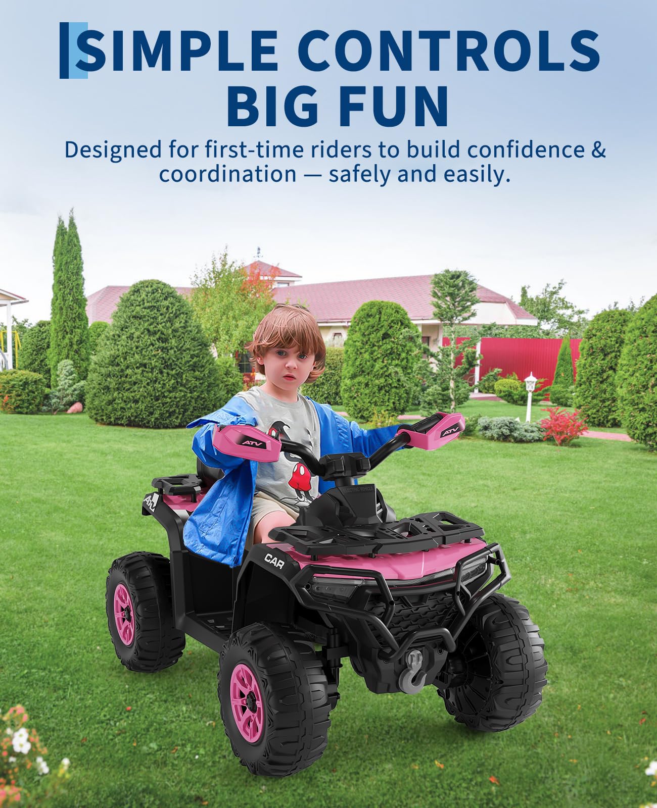 Garvee 12V Kids Electric ATV Ride-On Car – Dual Motors – Remote Control – LED Lights, wireless, Music, USB, Spring Suspension – Outdoor Off-Road Quad Toy for Boys & Girls – Dark Pink